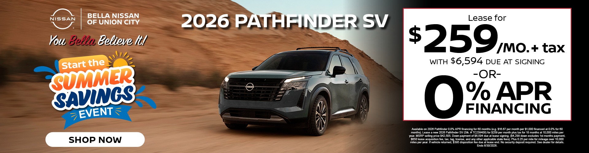 2026 Nissan Pathfinder SV lease for 259 dollars monthly or zero percent financing at Bella Nissan of Union City